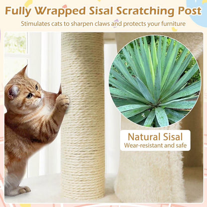 26-Inch Compact Cat Tower with Large Padded Push Perch and Dual Cozy Condos for Cat Napping, Beige
