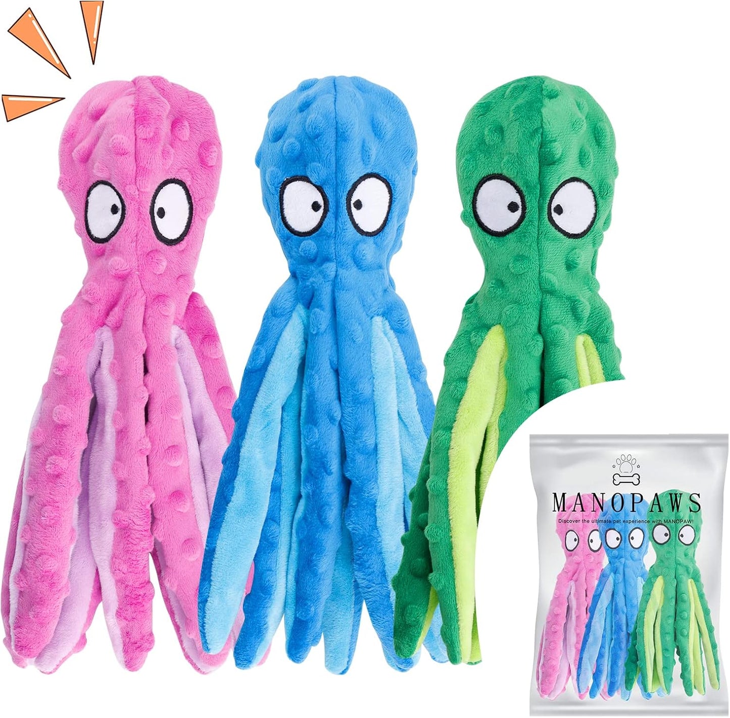 3 Pack Dog Toys for Small Dogs, Medium Dogs, Large Dogs, Puppy Teething Chew Toys, Aggressive Chewers, No Stuffing Crinkle Plush Dog Toys, Dog Squeaky Octopus Toys