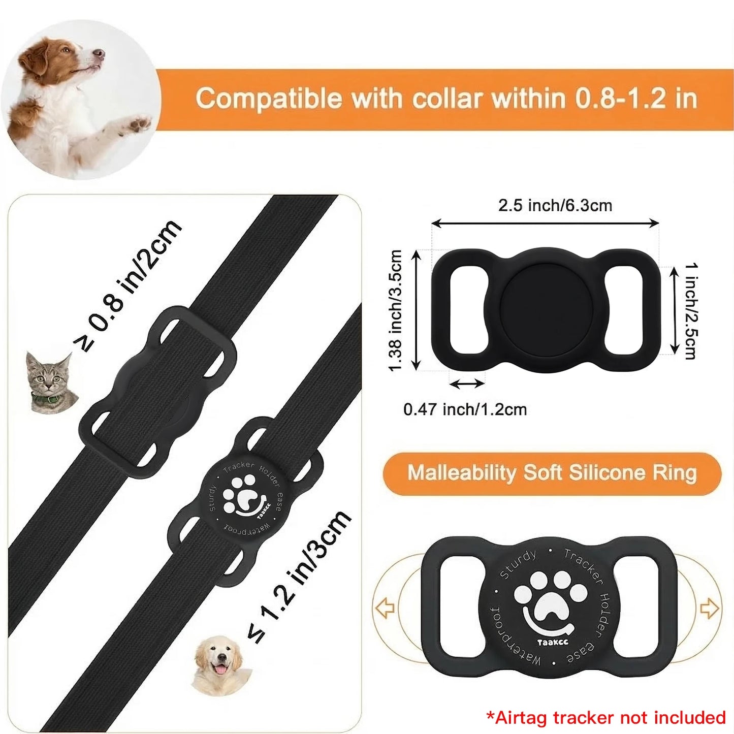 TAAKCC IP68 Waterpoof Dog Airtag Holder, Stretchy Silicone Full Body Covered Holder for Apple Air Tag for Dog Cat Collar