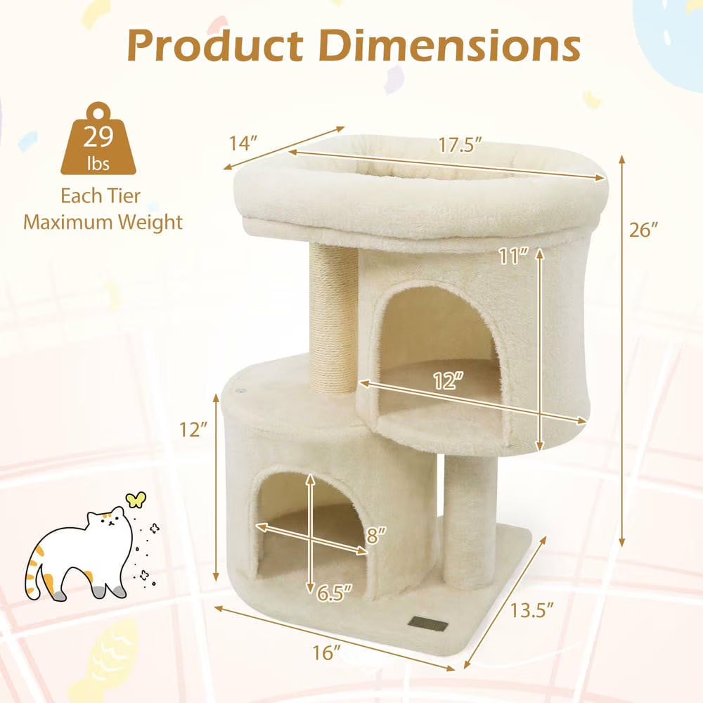 26-Inch Compact Cat Tower with Large Padded Push Perch and Dual Cozy Condos for Cat Napping, Beige
